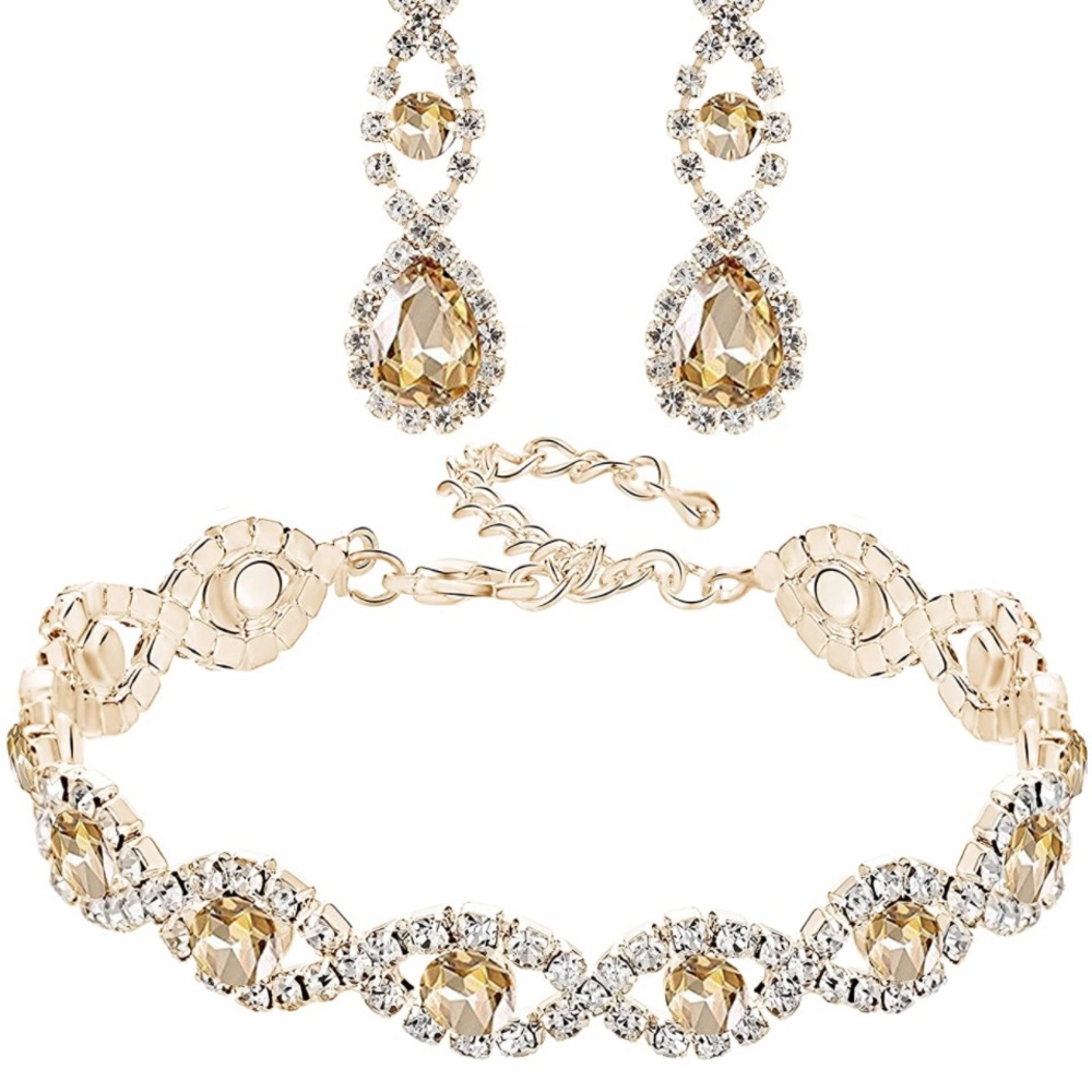 Paxuan Womens Silver Plated White Clear Rhinestone Crystal Bracelet and Earrings
